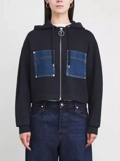 Denim Patch-Pocket Zip Front Hoodie - Tops