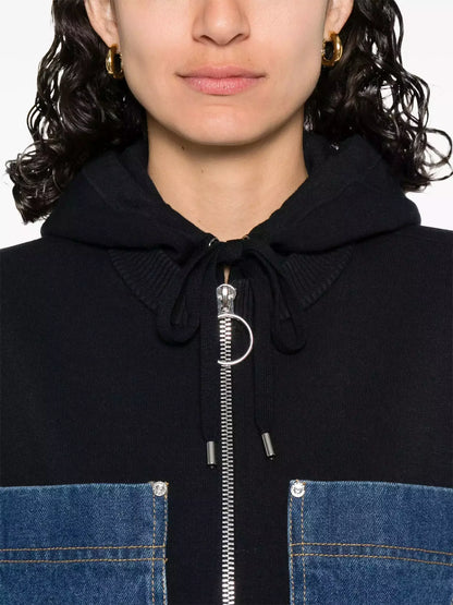 Denim Patch-Pocket Zip Front Hoodie - Tops