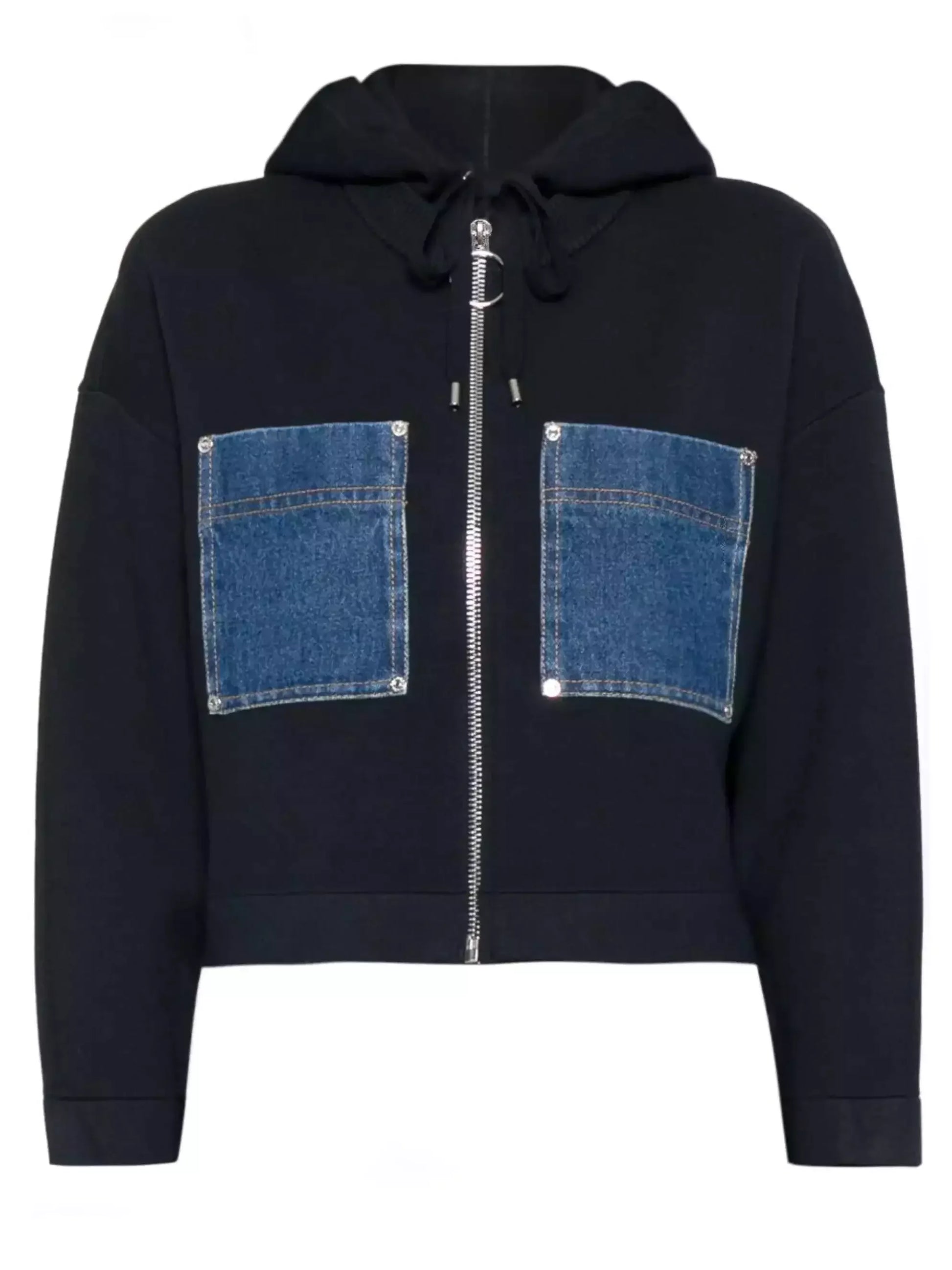 Denim Patch-Pocket Zip Front Hoodie - Tops