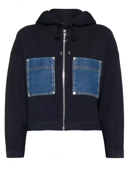 Denim Patch-Pocket Zip Front Hoodie - Tops