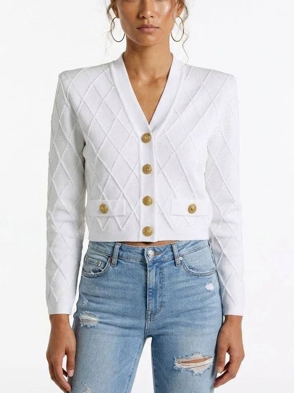 Diamond Knit Cropped Cardigan with Gold Button Front - S / White - Sweaters & Knitwear