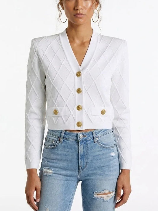 Diamond Knit Cropped Cardigan with Gold Button Front - S / White - Sweaters & Knitwear