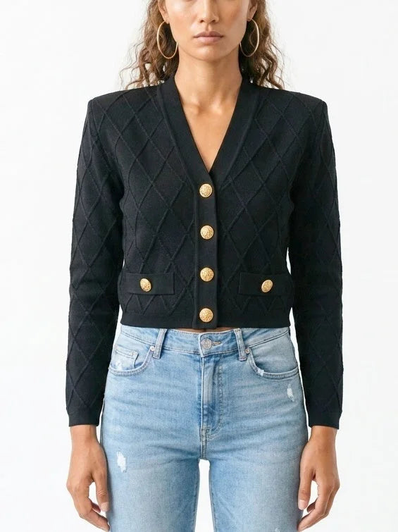 Diamond Knit Cropped Cardigan with Gold Button Front - S / Black - Sweaters & Knitwear