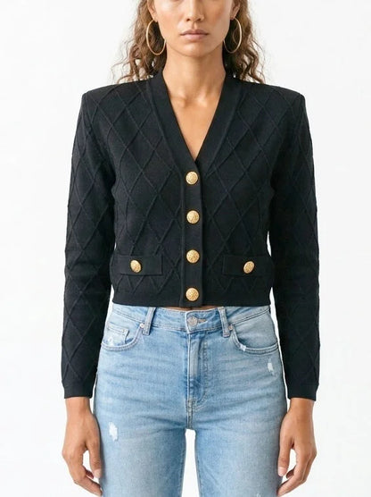 Diamond Knit Cropped Cardigan with Gold Button Front - S / Black - Sweaters & Knitwear