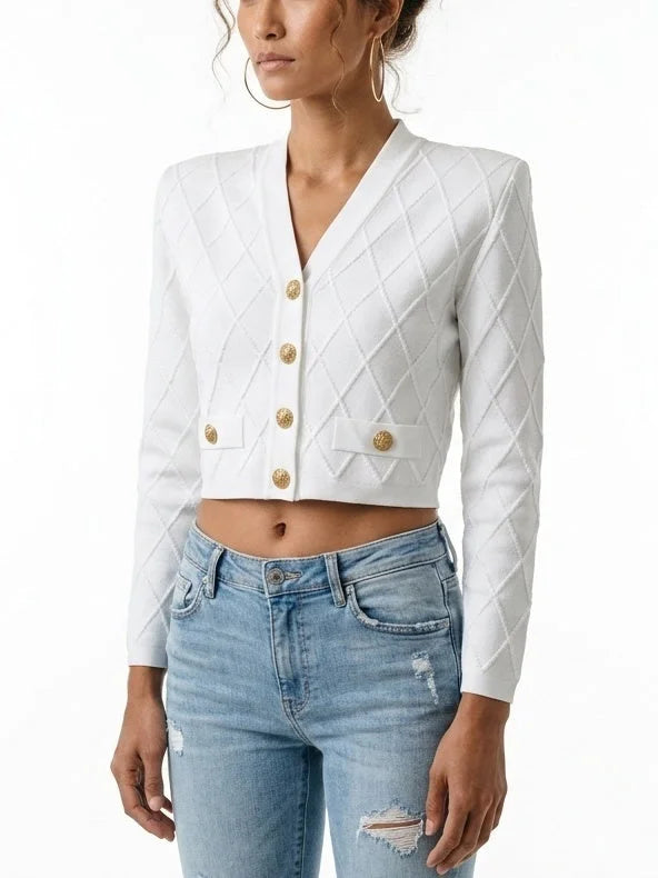 Diamond Knit Cropped Cardigan with Gold Button Front - Sweaters & Knitwear