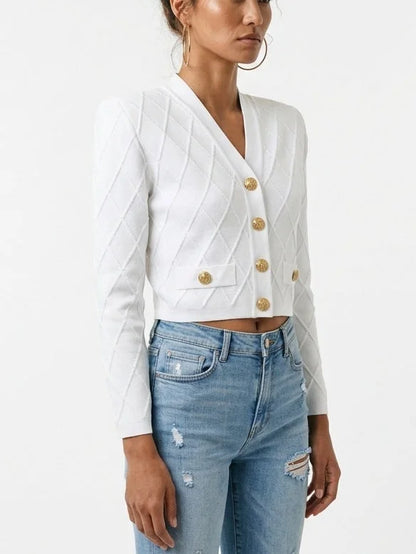 Diamond Knit Cropped Cardigan with Gold Button Front - Sweaters & Knitwear
