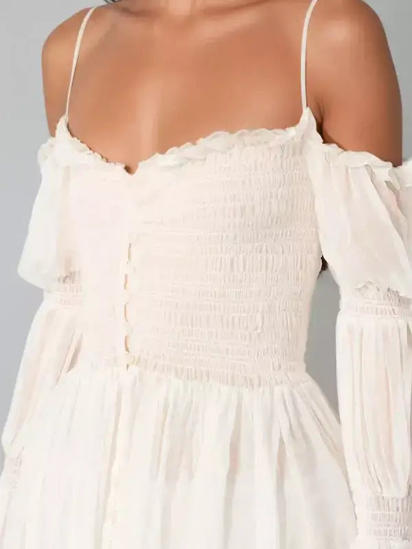 Long White Ruched Off-Shoulder Chiffon Maxi Dress - Dresses