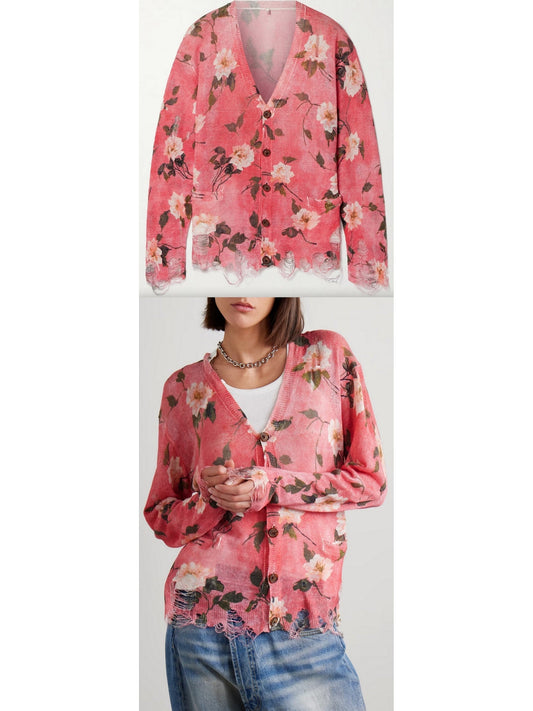 Distressed Floral-Print Linen Cardigan in Pink - Branna Couture