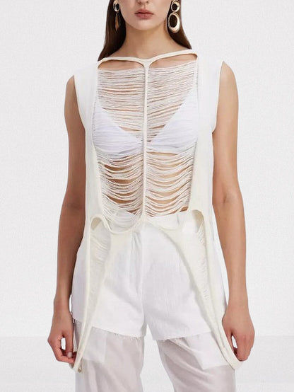 Distressed Shredded Knit Tank Top in White - Small - Tops
