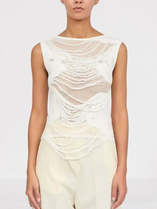 Distressed Sleeveless Top in White - Small - Tops