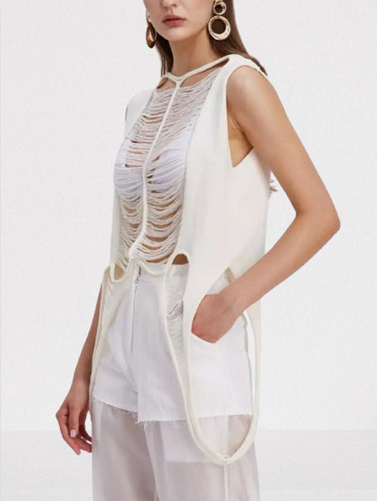 Distressed Shredded Knit Tank Top in White - Tops