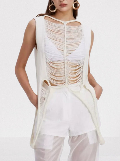 Distressed Shredded Knit Tank Top in White - Tops