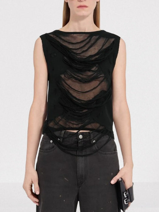 Distressed Sleeveless Top in Black - Small - Tops