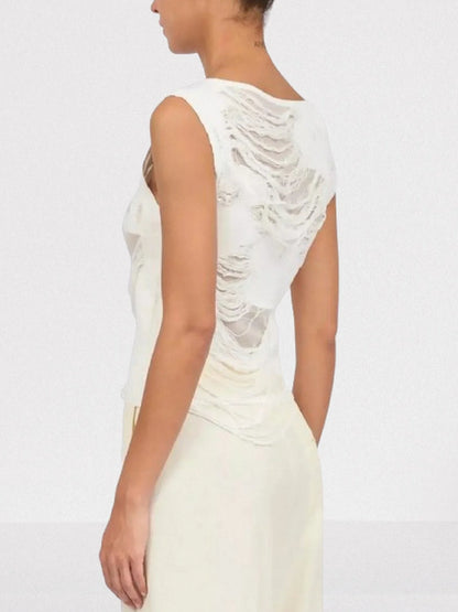 Distressed Sleeveless Top in White - Tops
