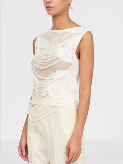 Distressed Sleeveless Top in White - Tops