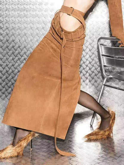 Double Belted Draped Waist Brown Maxi Suede Skirt Skirts