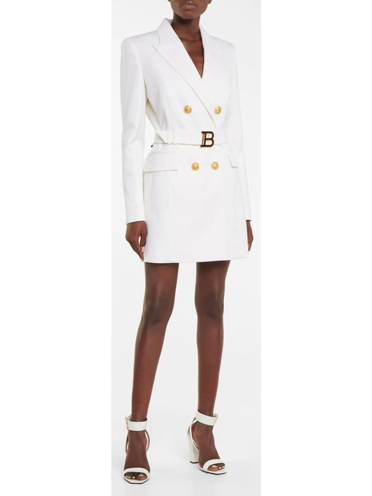 Double-Breasted Belted Blazer-Dress in White - Branna Couture