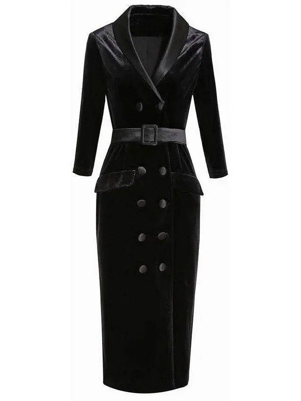 Double-Breasted Belted Velvet Midi Dress, Black - Branna Couture