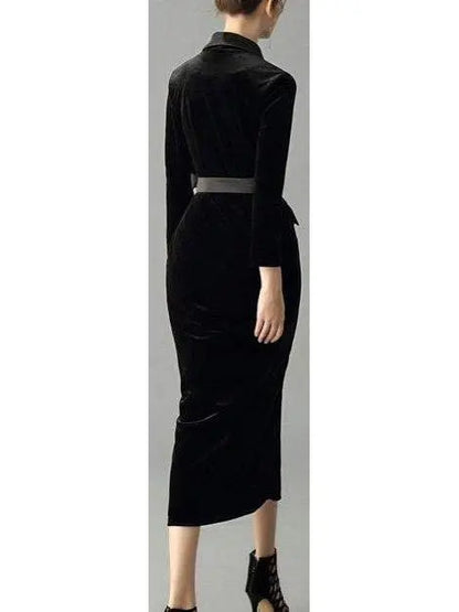 Double-Breasted Belted Velvet Midi Dress, Black - Branna Couture