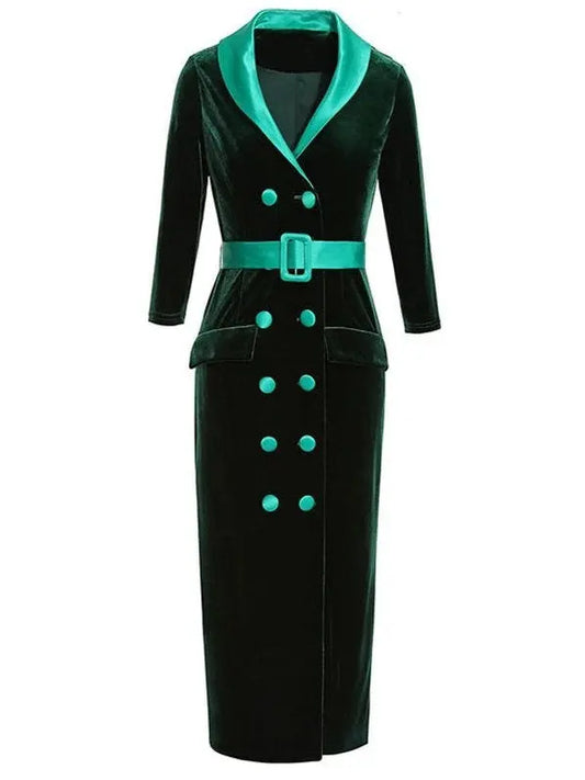 Double-Breasted Belted Velvet Midi Dress, Green - Branna Couture