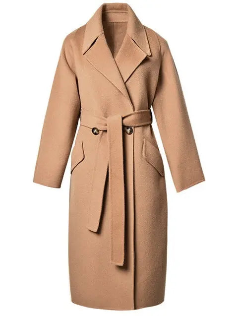 Double-Breasted Belted Wool Coat, Camel - Branna Couture