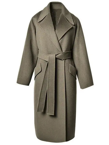 Double-Breasted Belted Wool Coat, Olive Green - Branna Couture