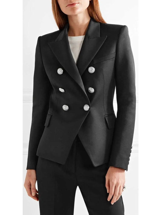 Double-Breasted Blazer with Silver Lion Head Buttons, Black - Branna Couture