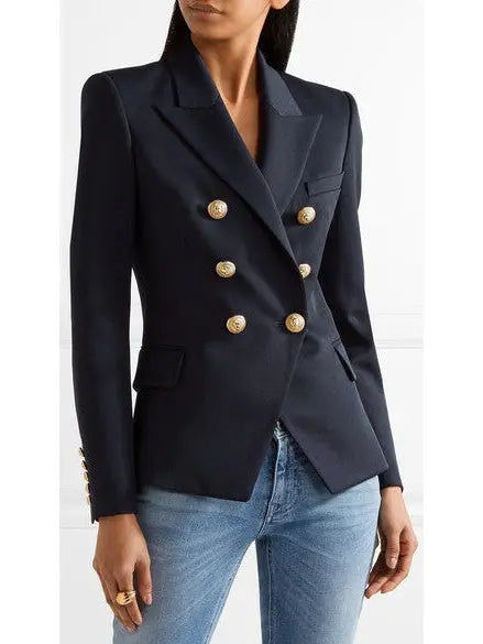 Double-Breasted Cotton-Blend Blazer-Dark Blue - Branna Couture