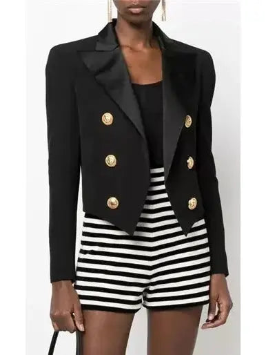 Double-Breasted Cropped Tuxedo Blazer, Black - Branna Couture