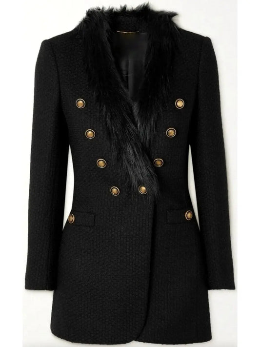 Double-Breasted Faux Fur-Trimmed Wool-Blend Tweed Blazer - Branna Couture