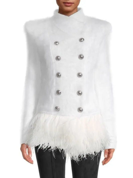 Double-Breasted Feather Trim Jacket, White - Branna Couture