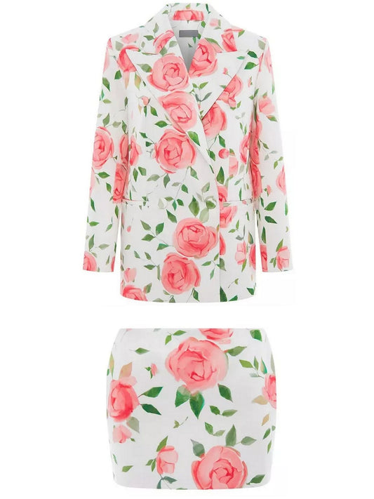 Double-Breasted Floral Printed Blazer and Mini Skirt Set - Branna Couture