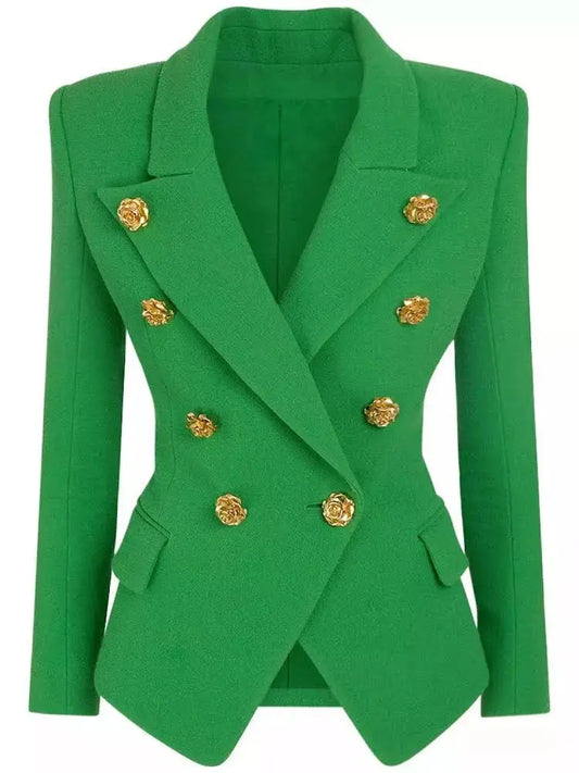 Double-Breasted Gold Button Embellished Blazer in Green - Branna Couture