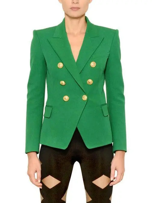 Double-Breasted Gold Button Twill Blazer, Green - Branna Couture