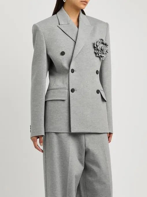 Double-Breasted Gray Jersey Blazer with Floral Applique - Branna Couture