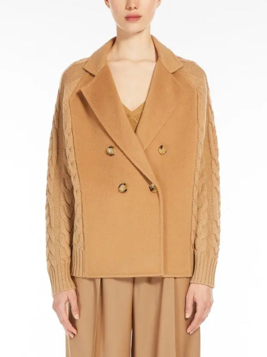 Double-Breasted Knit Pea Coat Jacket in Camel - Branna Couture