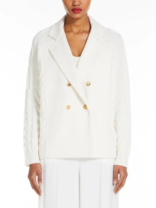 Double-Breasted Knit Pea Coat Jacket in Vanilla - Branna Couture