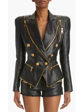 Double-Breasted Leather Jacket with Gold Buttons and Zippers - Branna Couture