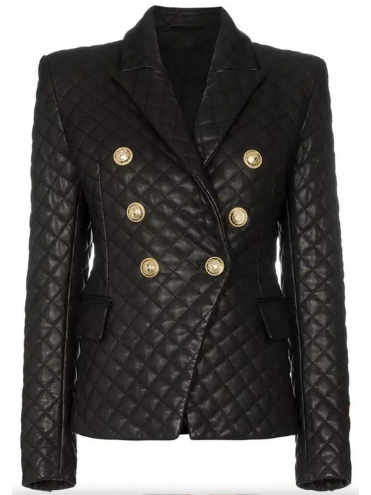 Double-Breasted Leather Quilted Blazer - Branna Couture