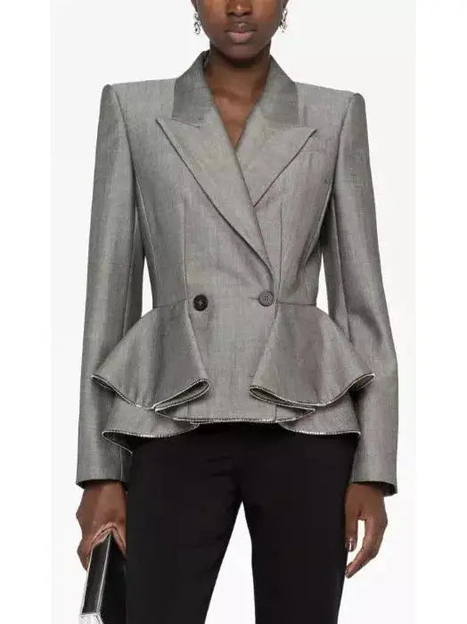 Double-Breasted Peplum Blazer in Gray with Zipper Trim - Branna Couture