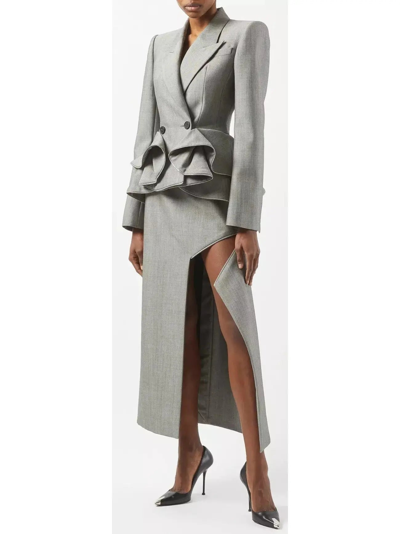 Double-Breasted Peplum Blazer in Gray with Zipper Trim - Branna Couture