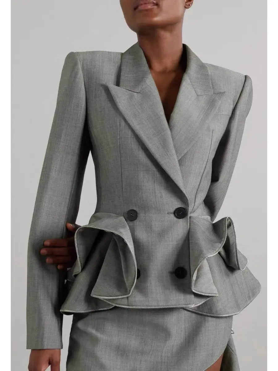 Double-Breasted Peplum Blazer in Gray with Zipper Trim - Branna Couture