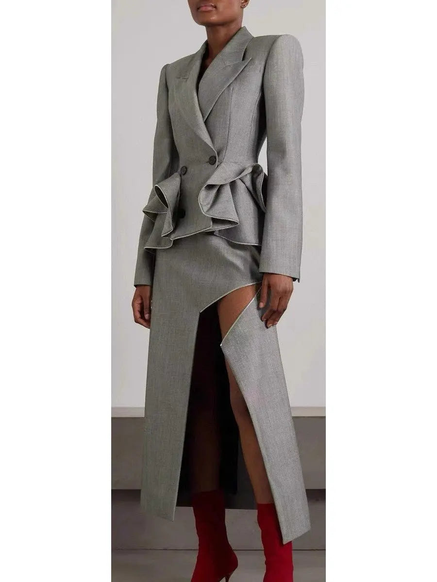 Double-Breasted Peplum Blazer in Gray with Zipper Trim - Branna Couture