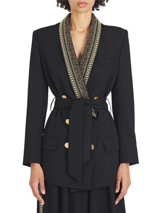 Double-Breasted Stud-Embellished Belted Jacket - Branna Couture