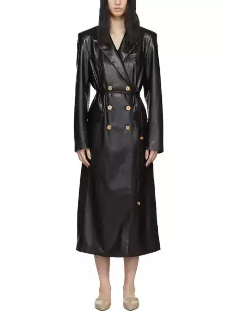 Double-Breasted Vegan Leather Coat with Tie-Waist in Black Branna Couture