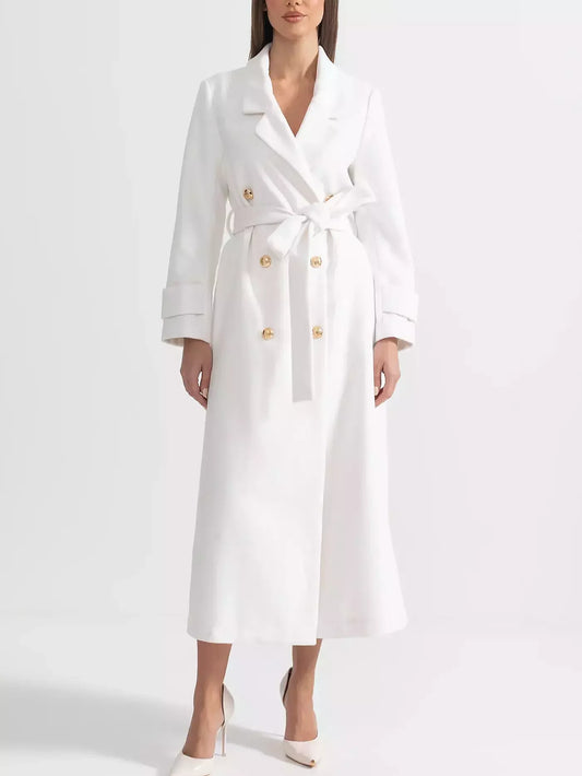 Double-Breasted Long White Wool-Blend Coat - S - Coats