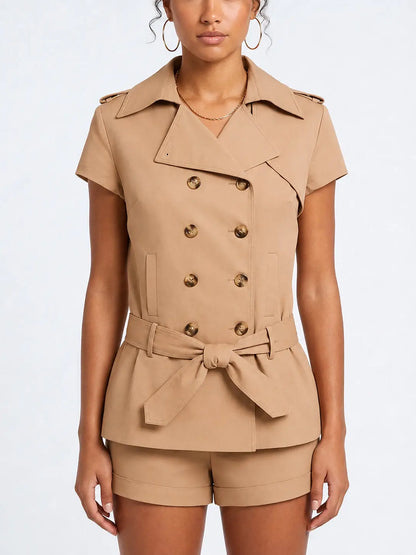 Double-Breasted Trench Jacket and Shorts Set - Small - Suits & Sets