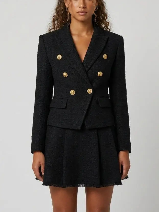 Double-Breasted Tweed Blazer and Skirt Set in Black - Suits & Sets