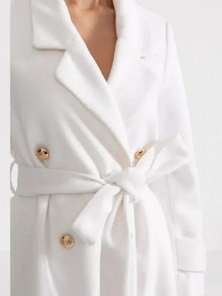 Double-Breasted Long White Wool-Blend Coat - Coats