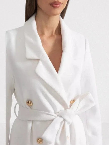 Double-Breasted Long White Wool-Blend Coat - Coats